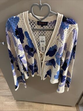 Joseph A Cream Open-Knit Cardigan with Blue and Purple Floral Motif